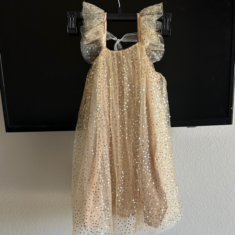 Girls Gold Sequin Flutter Sleeve Party Dress